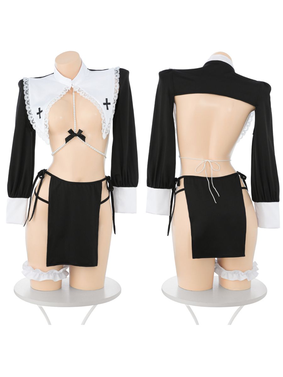 Gothic Nun Cosplay Costume Sexy Black and White High Slit Nun Roleplay Dress Set 