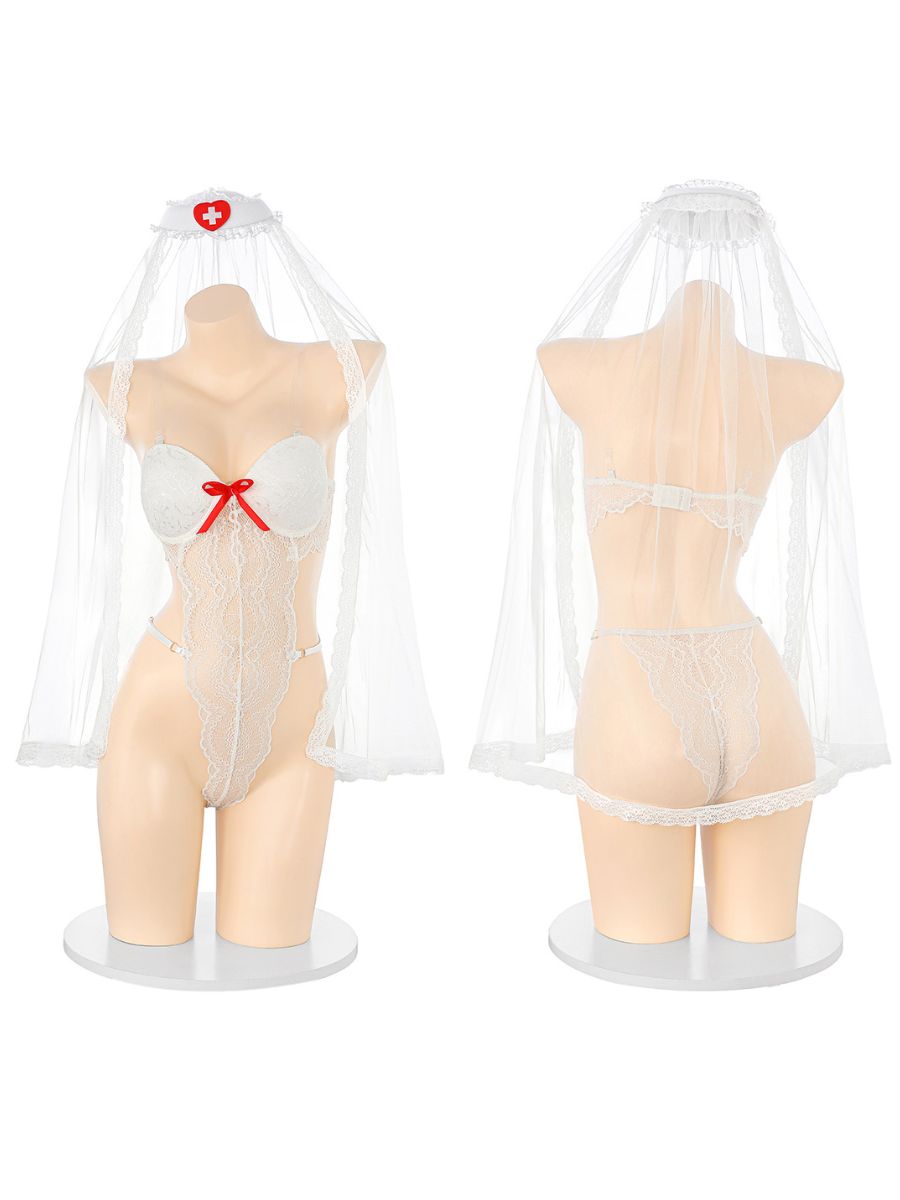 Sexy Bride Cosplay Lingerie Set White Lace Teddy Bodysuit with Wedding Veil
