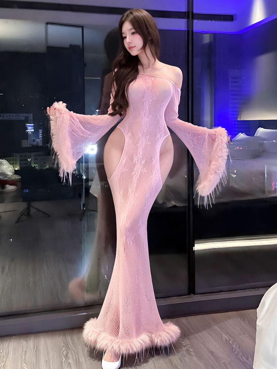 Sexy Lace Maxi Dress with Faux Fur Trim Off the Shoulder Bell Sleeve Fishnet Cut Out Chemise
