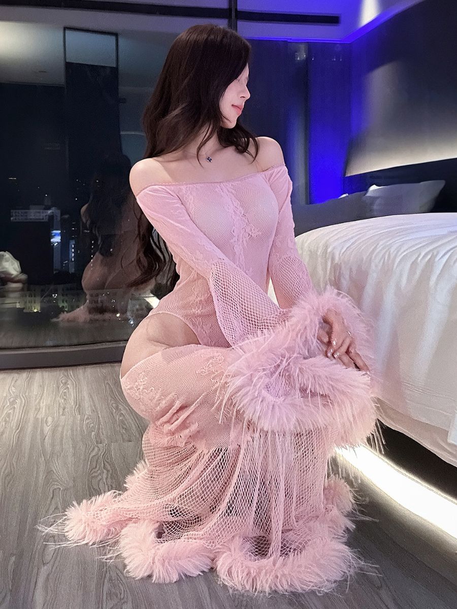 Sexy Lace Maxi Dress with Faux Fur Trim Off the Shoulder Bell Sleeve Fishnet Cut Out Chemise