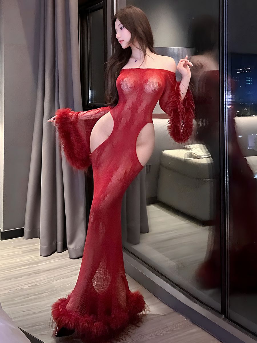 Sexy Lace Maxi Dress with Faux Fur Trim Off the Shoulder Bell Sleeve Fishnet Cut Out Chemise