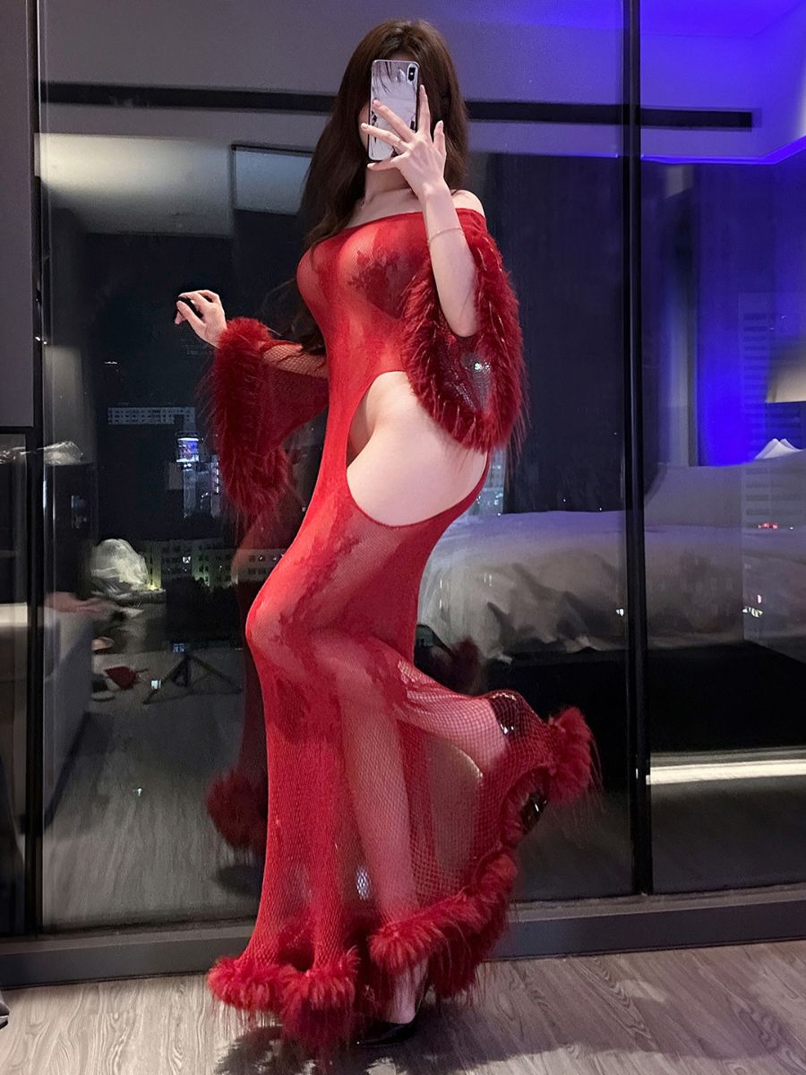 Sexy Lace Maxi Dress with Faux Fur Trim Off the Shoulder Bell Sleeve Fishnet Cut Out Chemise