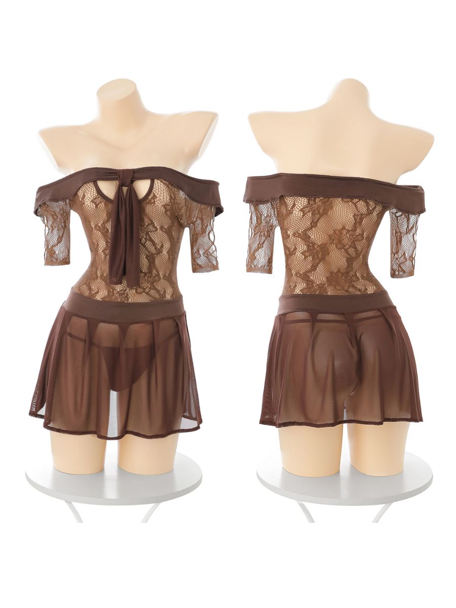 Coffee Brown Lace Lingerie Dress Off-the-Shoulder Sheer Mesh Mini Dress