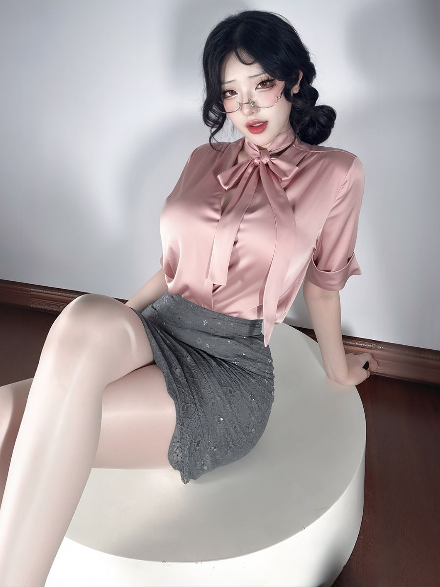 Office Secretary Cosplay Costume Satin V-Neck Blouse and Gray Lace Mini Skirt Set