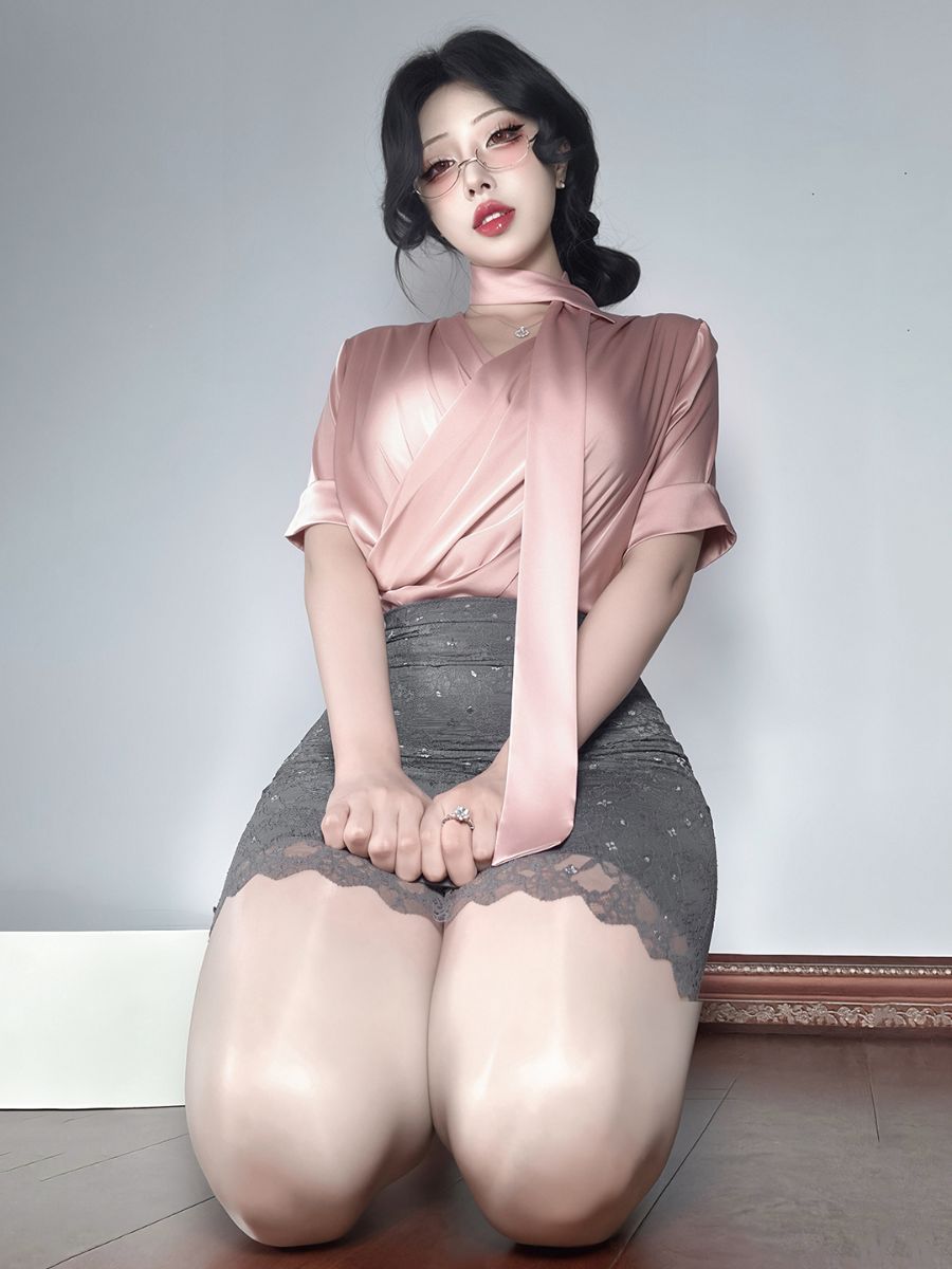 Office Secretary Cosplay Costume Satin V-Neck Blouse and Gray Lace Mini Skirt Set