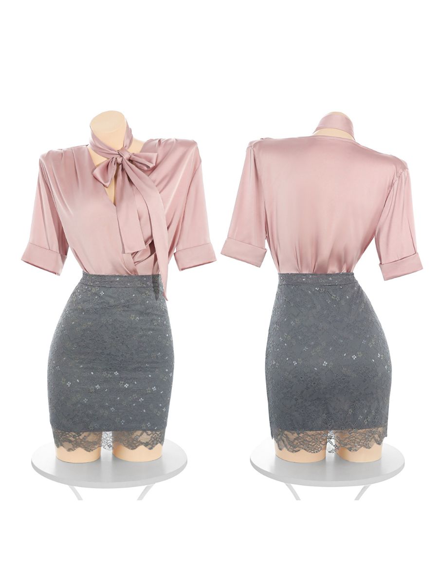 Office Secretary Cosplay Costume Satin V-Neck Blouse and Gray Lace Mini Skirt Set