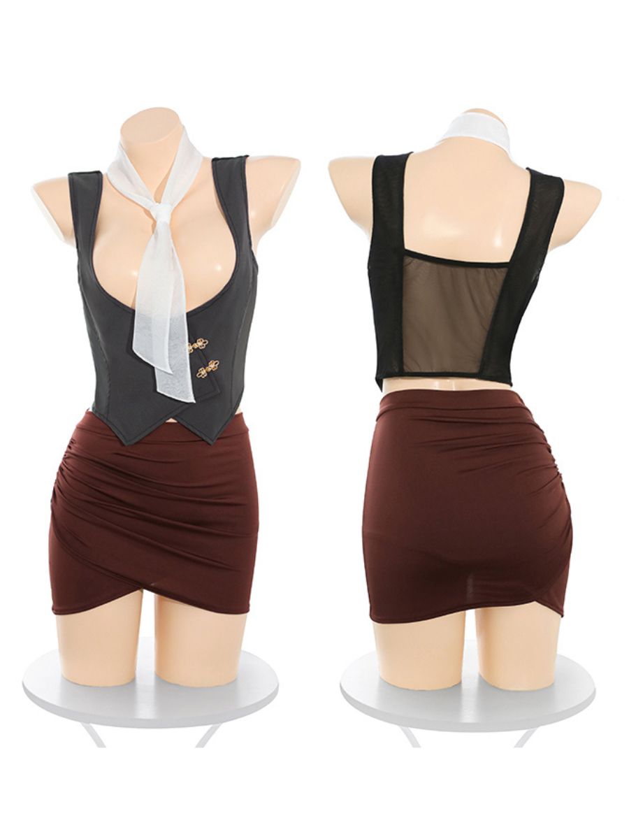 Sexy Secretary Cosplay Lingerie Cupless Sleeveless Crop Vest and Ruched Mini Skirt Set