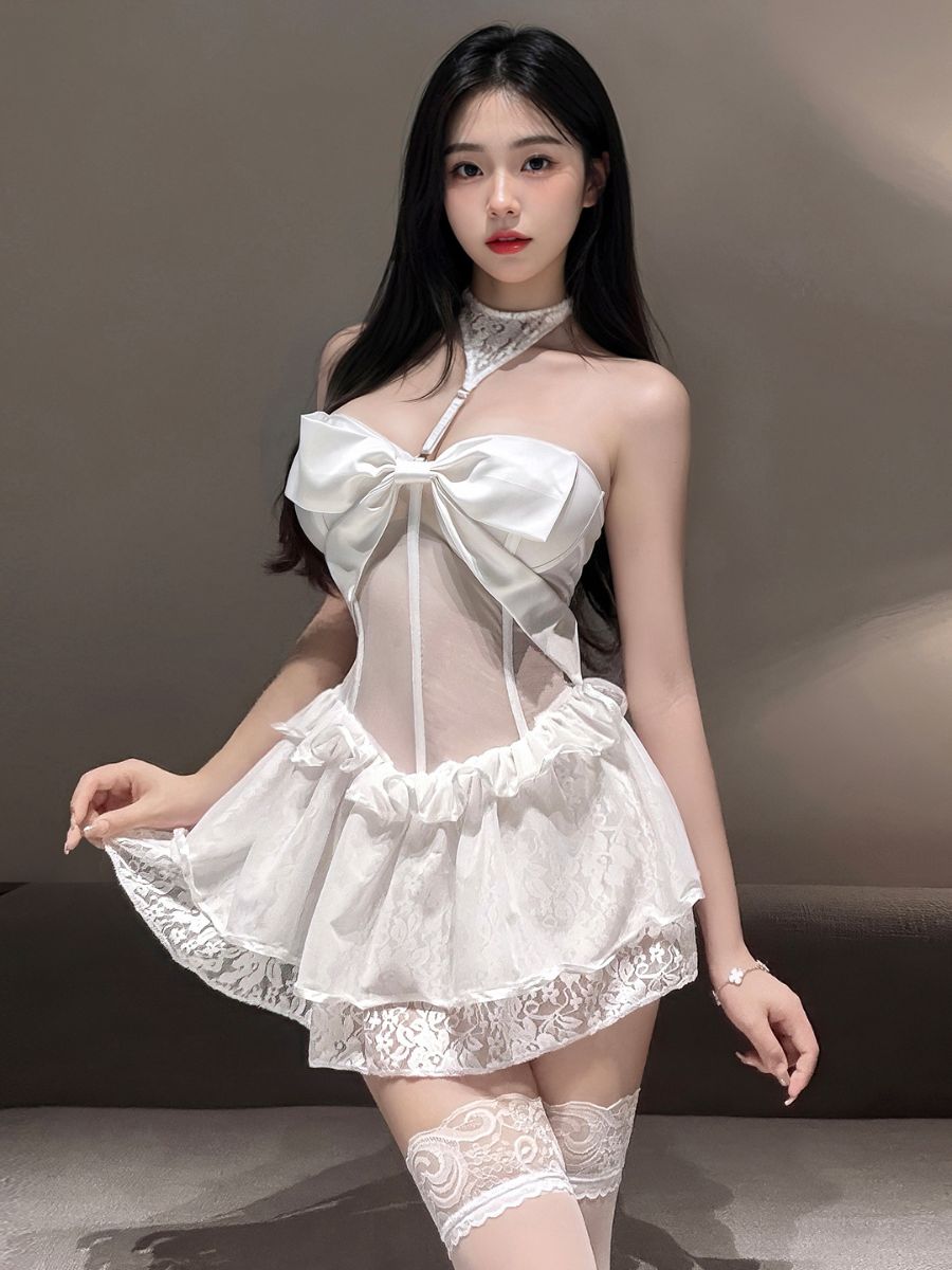Sheer Mesh Lingerie Dress Oversized Satin Bow Lace Babydoll Dress