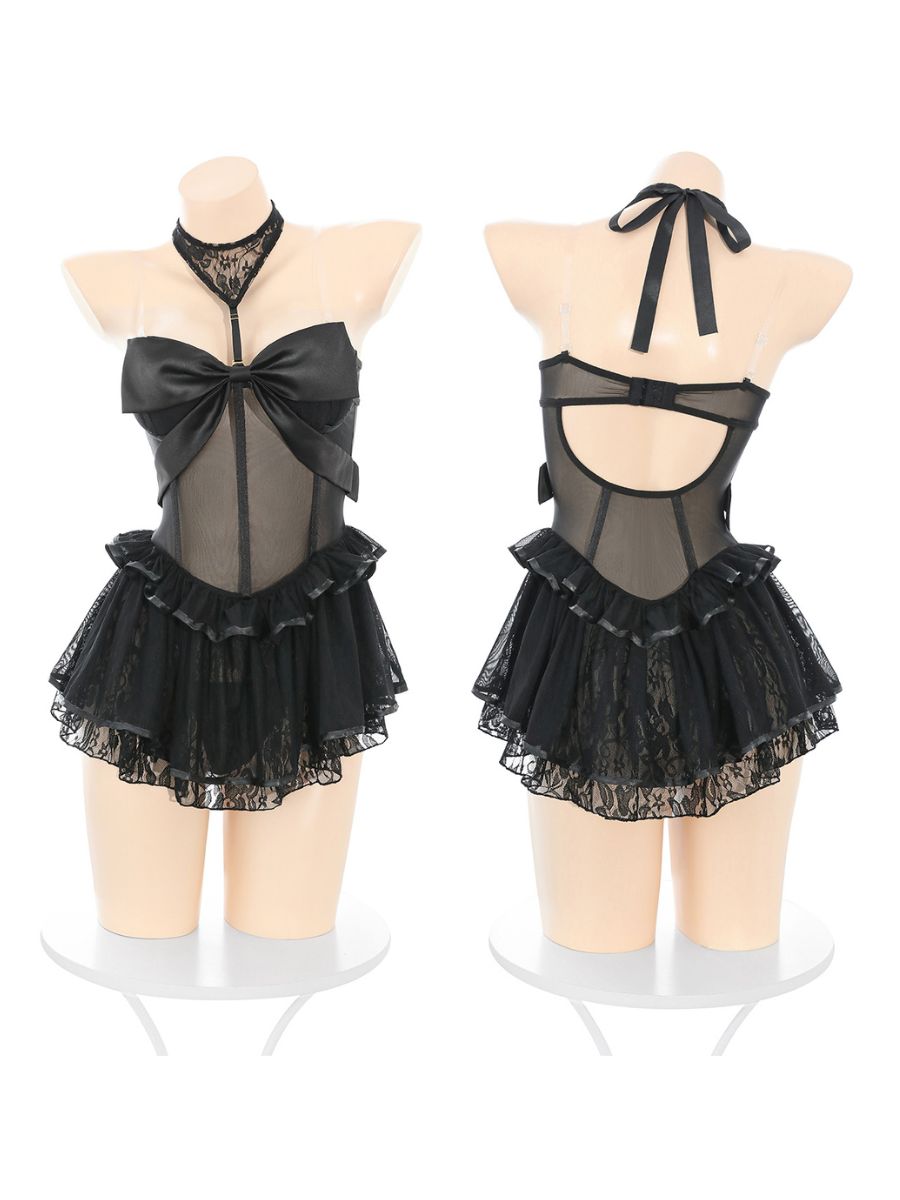 Sheer Mesh Lingerie Dress Oversized Satin Bow Lace Babydoll Dress