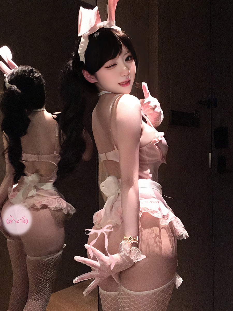 Kawaii Bunny Girl Cosplay Set Pink Maid Bodysuit Lingerie with Bunny Ears Headpiece