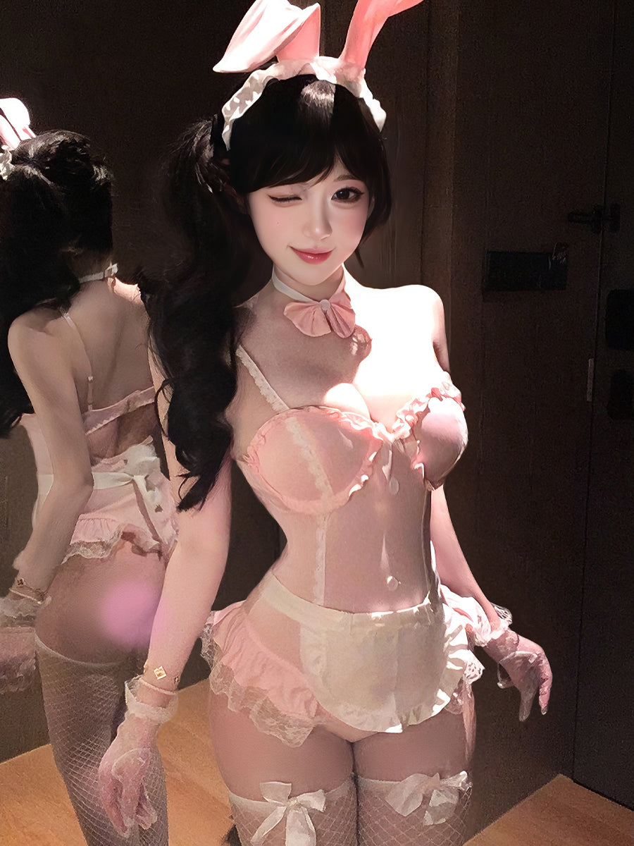 Kawaii Bunny Girl Cosplay Set Pink Maid Bodysuit Lingerie with Bunny Ears Headpiece