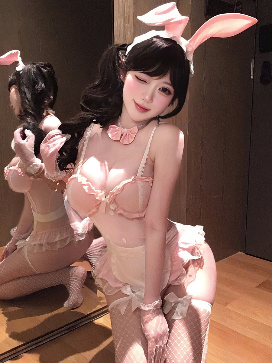 Kawaii Bunny Girl Cosplay Set Pink Maid Bodysuit Lingerie with Bunny Ears Headpiece