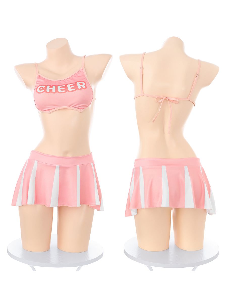 Sexy Cheerleader Cosplay Lingerie Set Pink Cheer Pint Crop Top and Mini Skirt