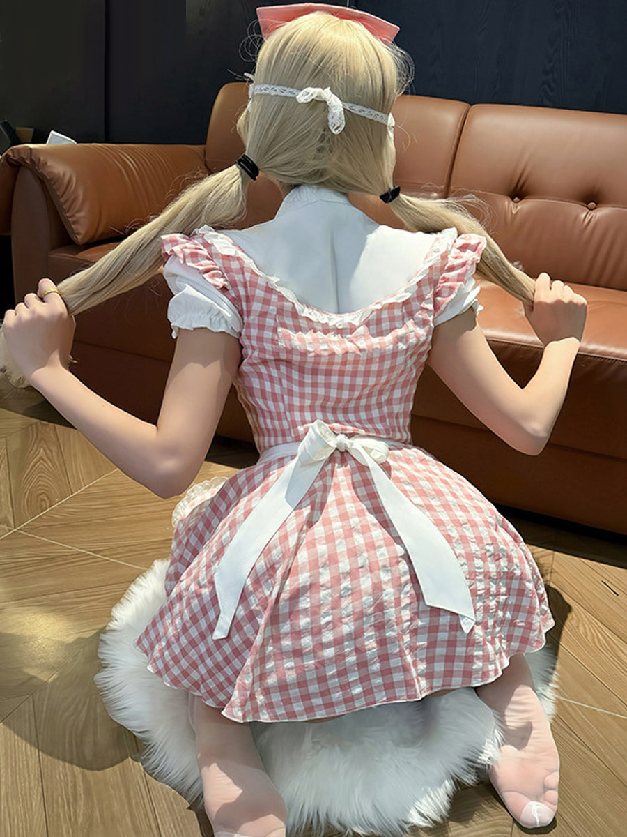 Pink Gingham Maid Costume Set Anime Plaid Cosplay Outfit with Apron