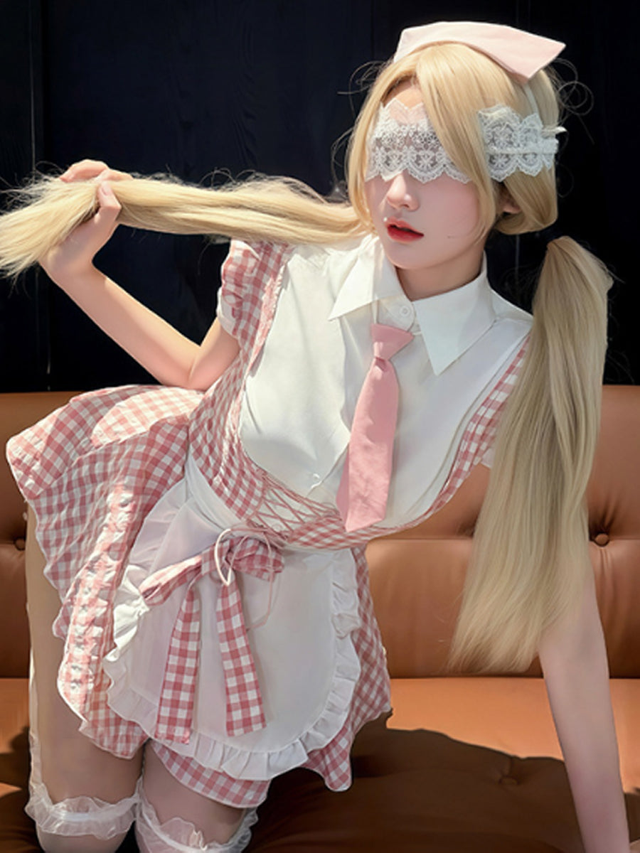 Pink Gingham Maid Costume Set Anime Plaid Cosplay Outfit with Apron