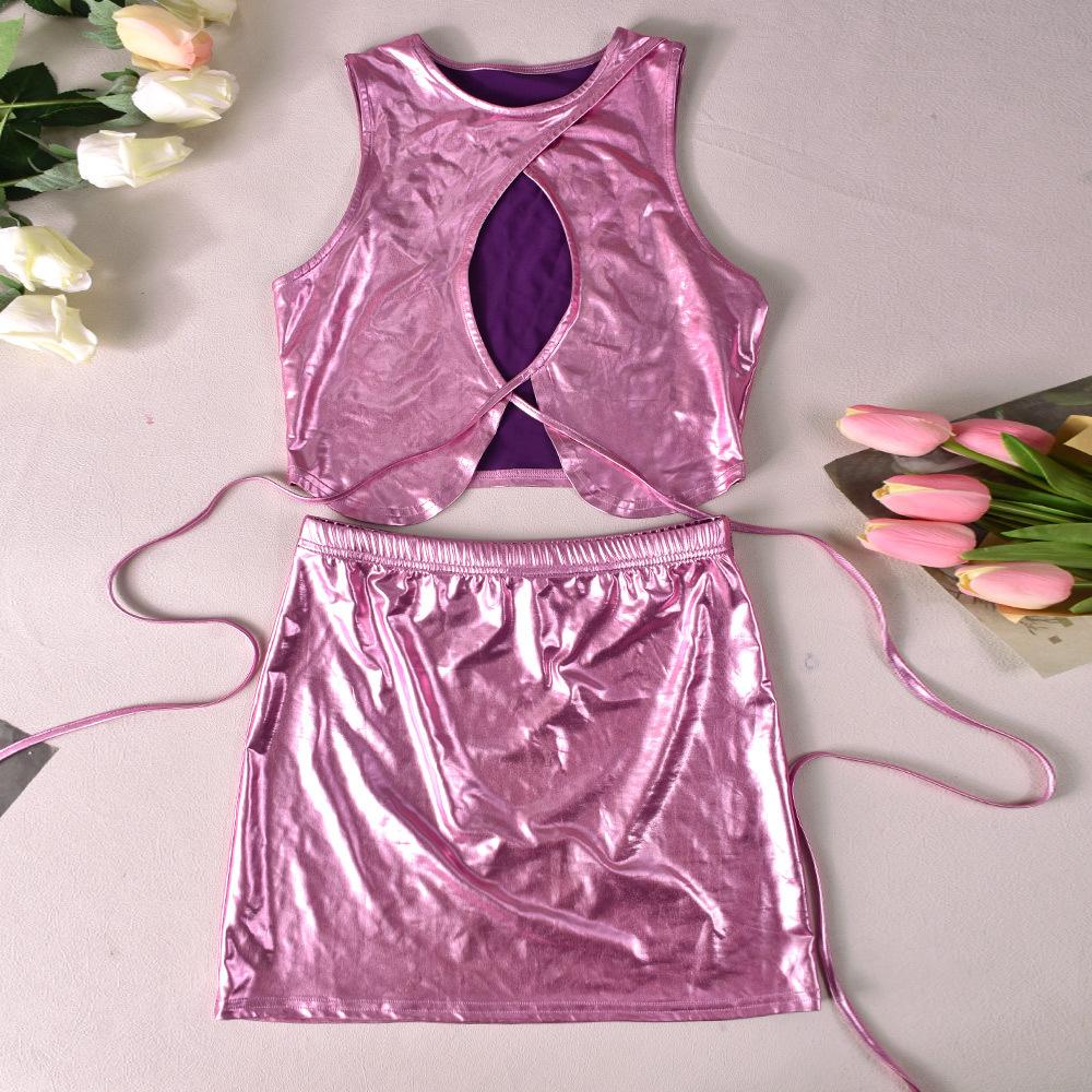 Pink Metallic Skirt Set Shiny Two Piece Rave Outfit Sleeveless