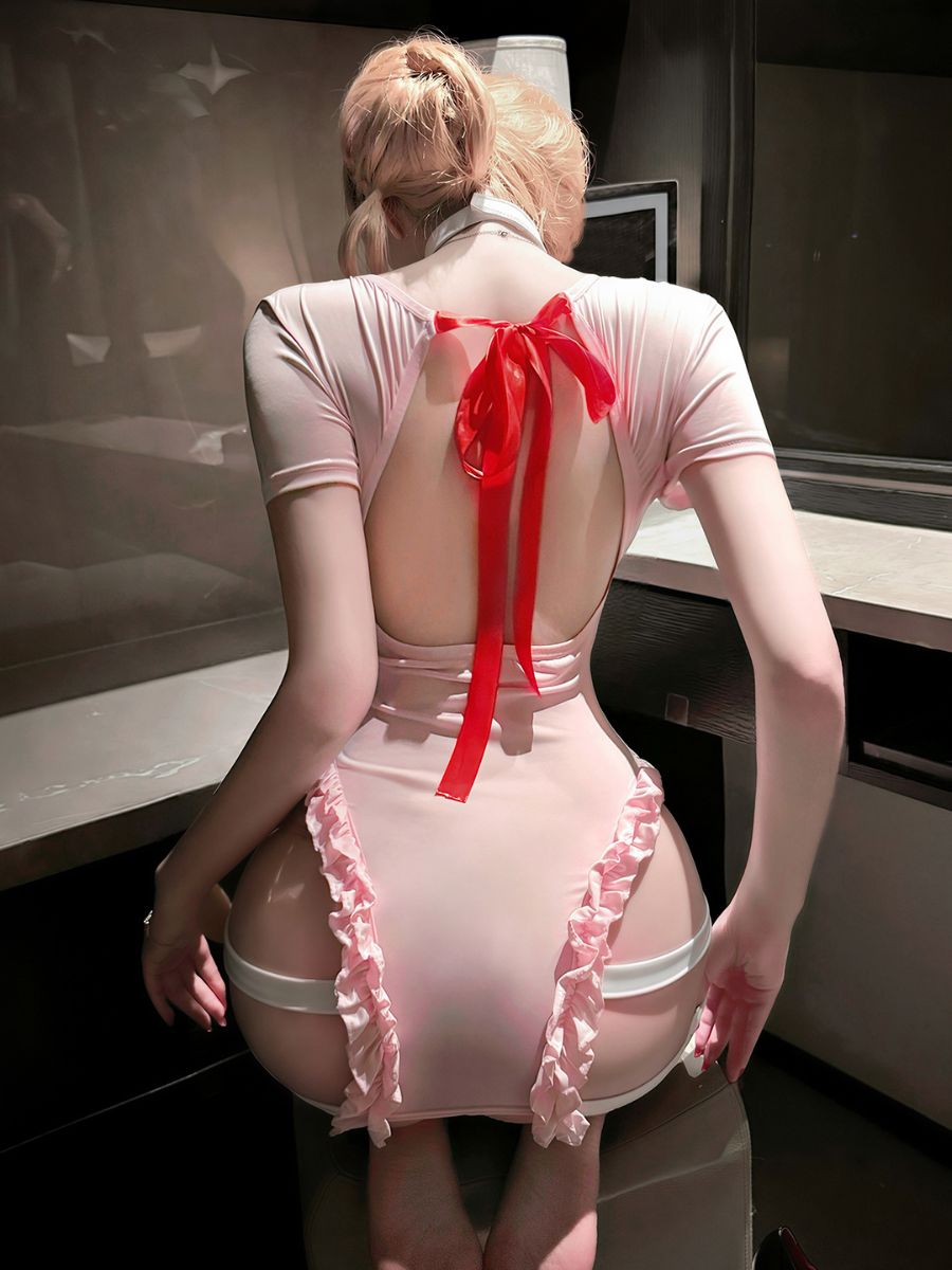 Pink Nurse Cosplay Lingerie Strappy Open Bust Cut Out Mini Dress
