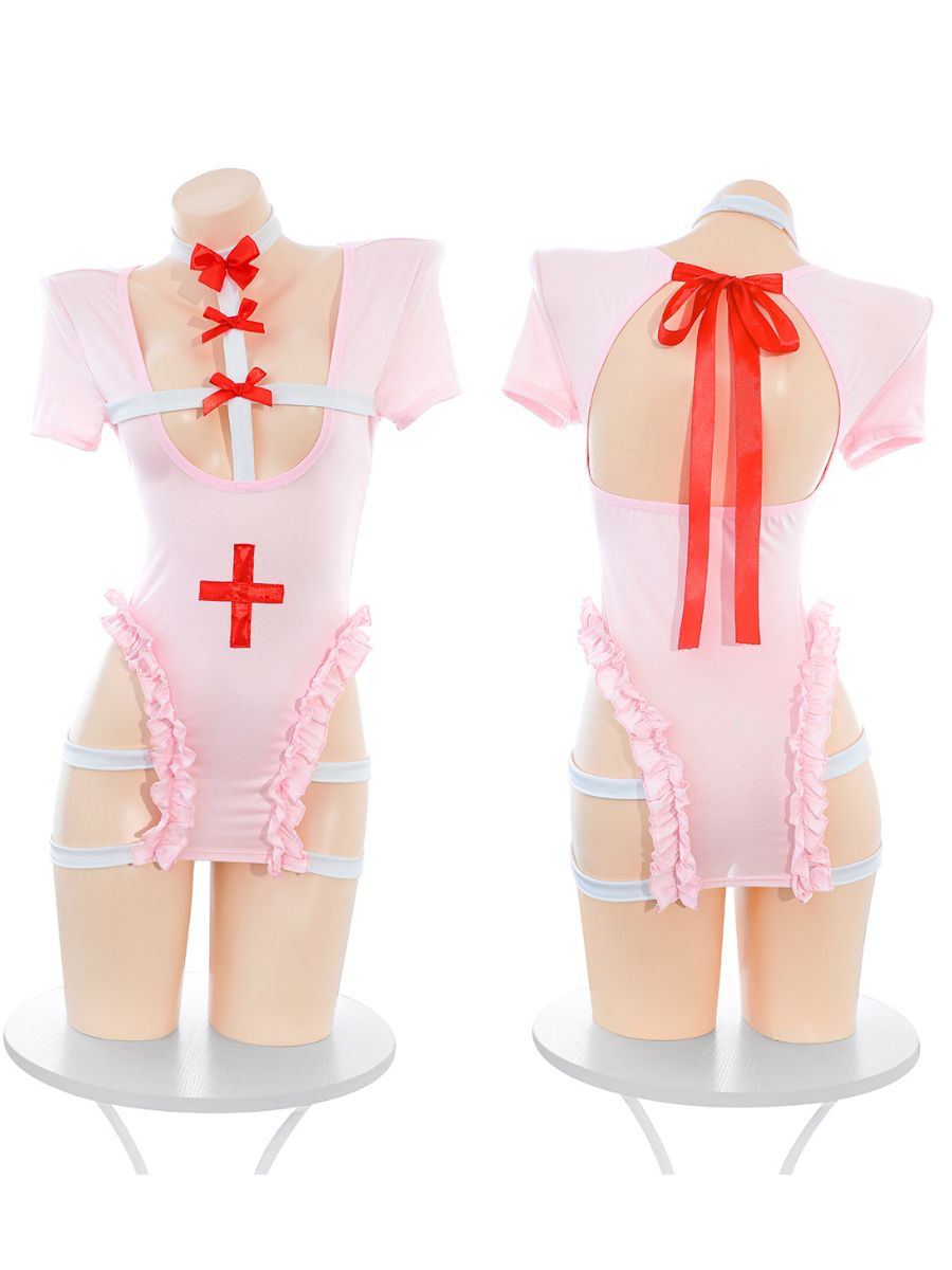 Pink Nurse Cosplay Lingerie Strappy Open Bust Cut Out Mini Dress