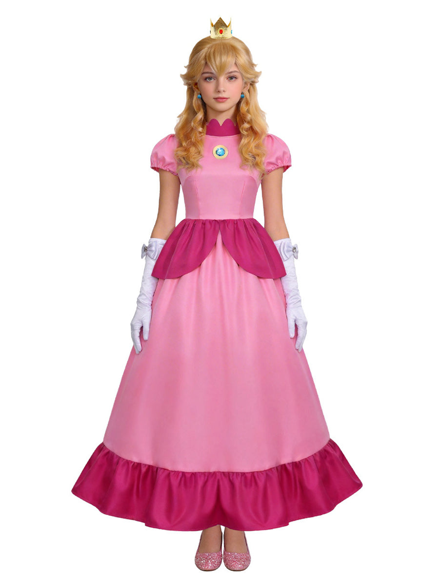 Girls Adults Super Mario Peach Costume Pink Princess Peach Cosplay Outfit