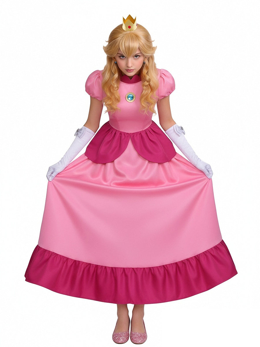 Girls Adults Super Mario Peach Costume Pink Princess Peach Cosplay Outfit