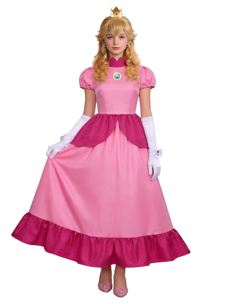 Girls Adults Super Mario Peach Costume Pink Princess Peach Cosplay Outfit
