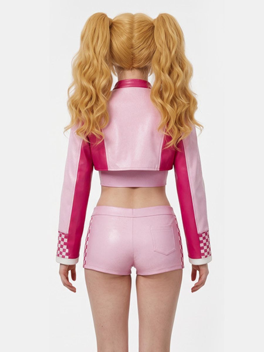Super Mario Peach Costume Pink Princess Racer Outfit Faux Leather Biker Crop Jacket and Shorts Set
