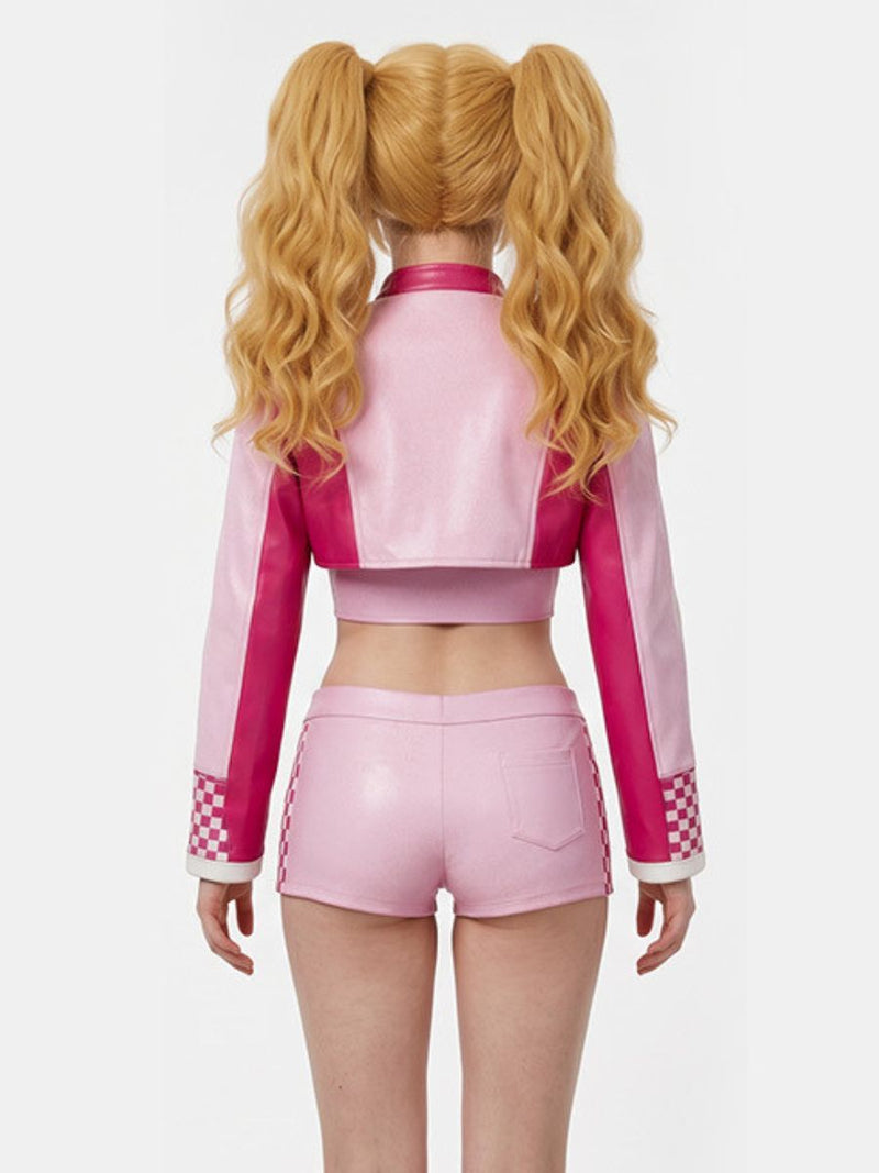 Super Mario Peach Costume Pink Princess Racer Outfit Faux Leather Biker Crop Jacket and Shorts Set