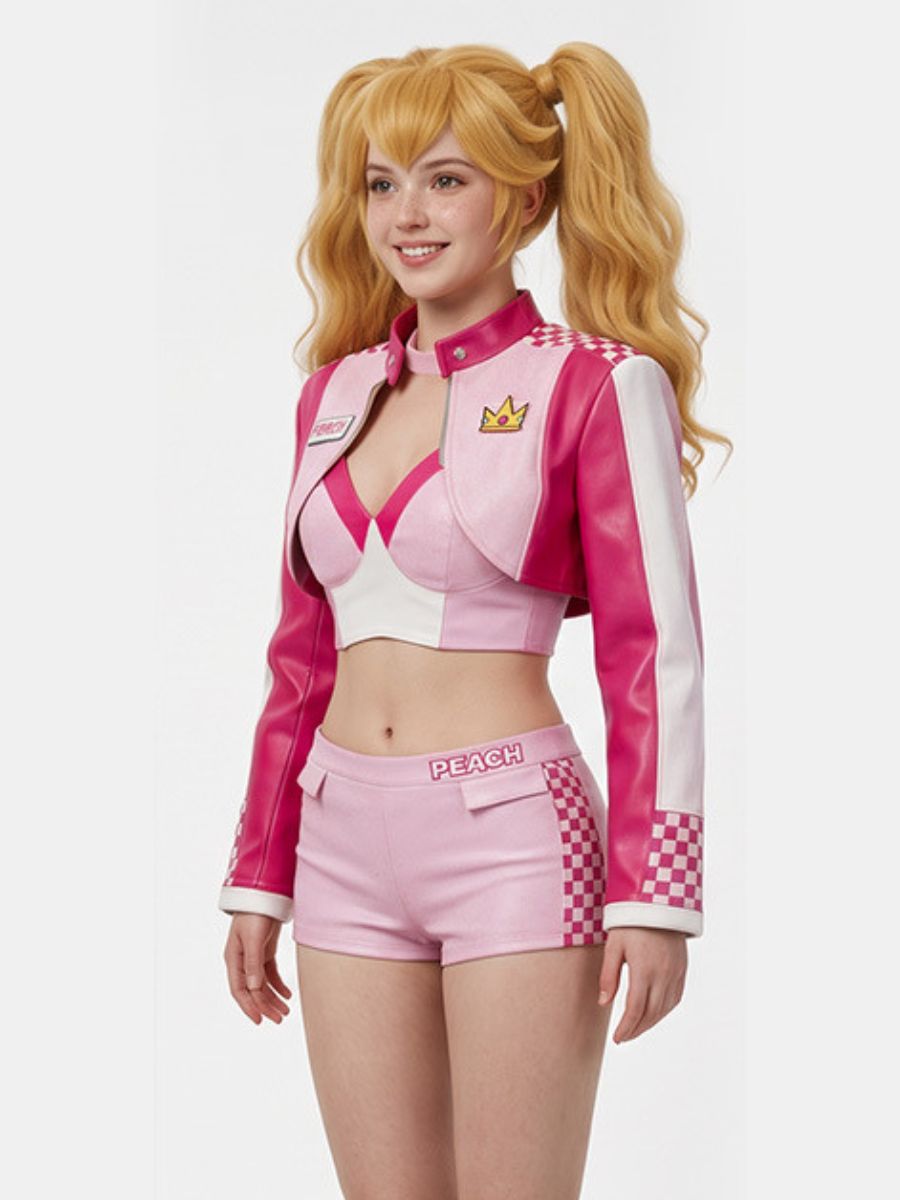 Super Mario Peach Costume Pink Princess Racer Outfit Faux Leather Biker Crop Jacket and Shorts Set