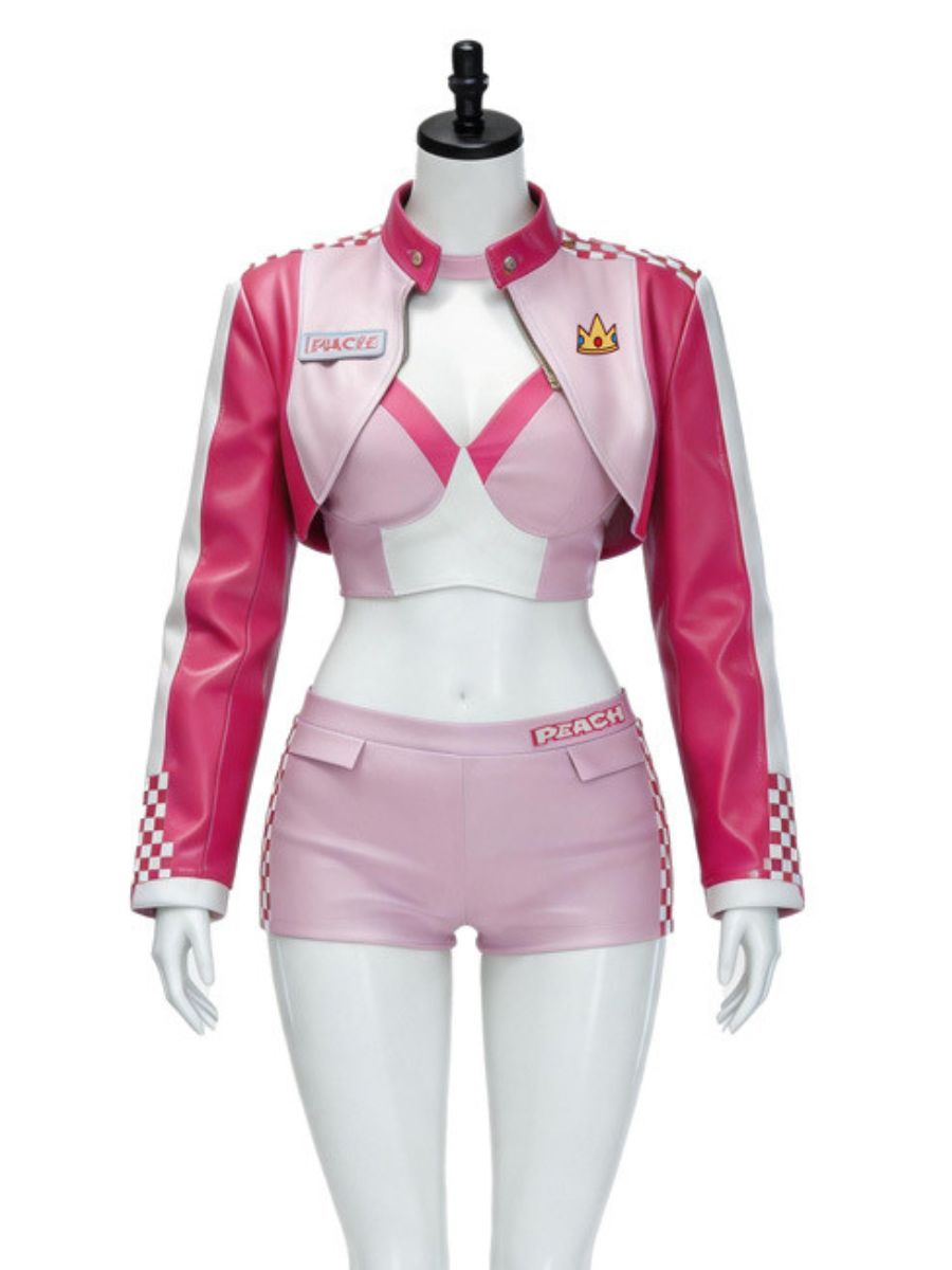 Super Mario Peach Costume Pink Princess Racer Outfit Faux Leather Biker Crop Jacket and Shorts Set