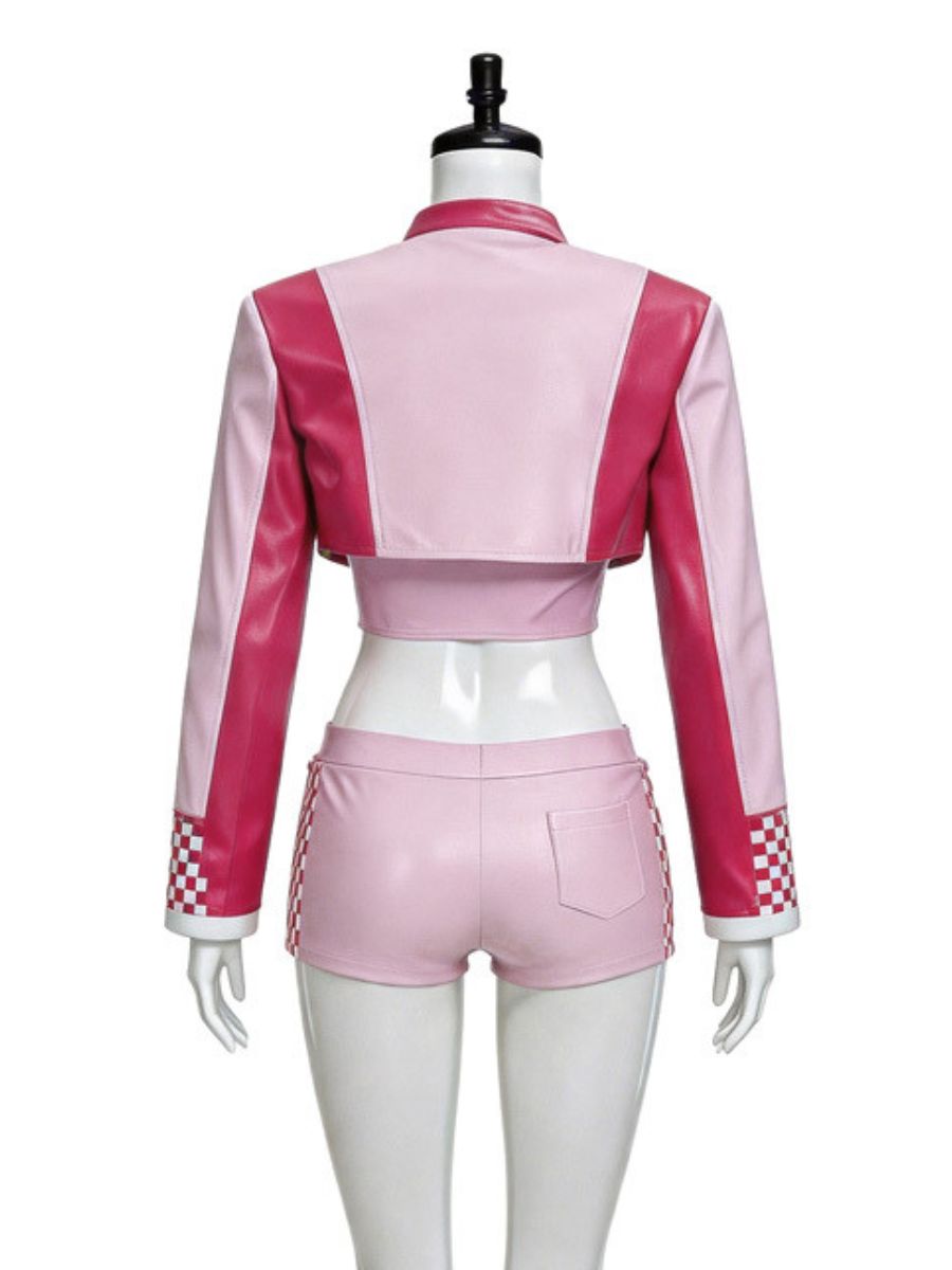 Super Mario Peach Costume Pink Princess Racer Outfit Faux Leather Biker Crop Jacket and Shorts Set