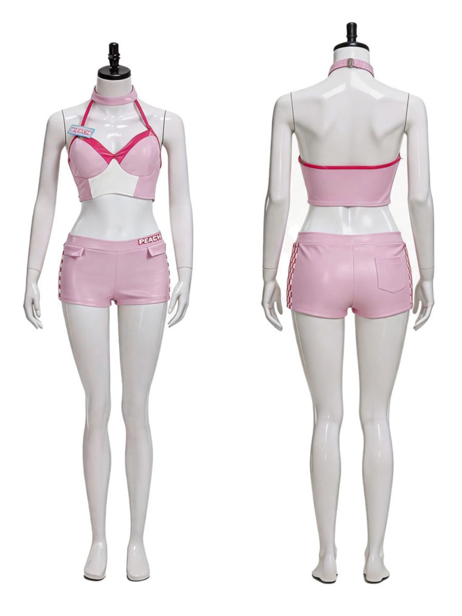 Super Mario Peach Costume Pink Princess Racer Outfit Faux Leather Biker Crop Jacket and Shorts Set