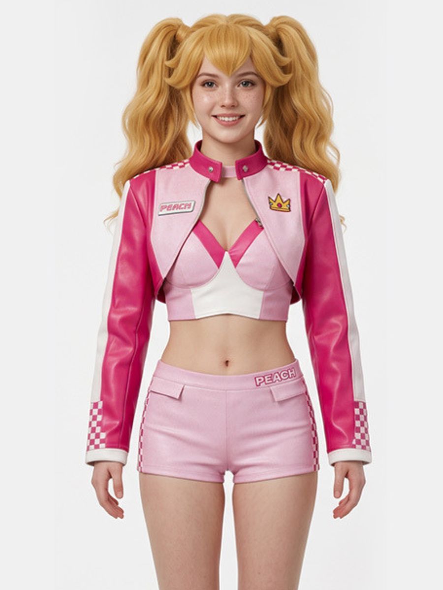 Super Mario Peach Costume Pink Princess Racer Outfit Faux Leather Biker Crop Jacket and Shorts Set 
