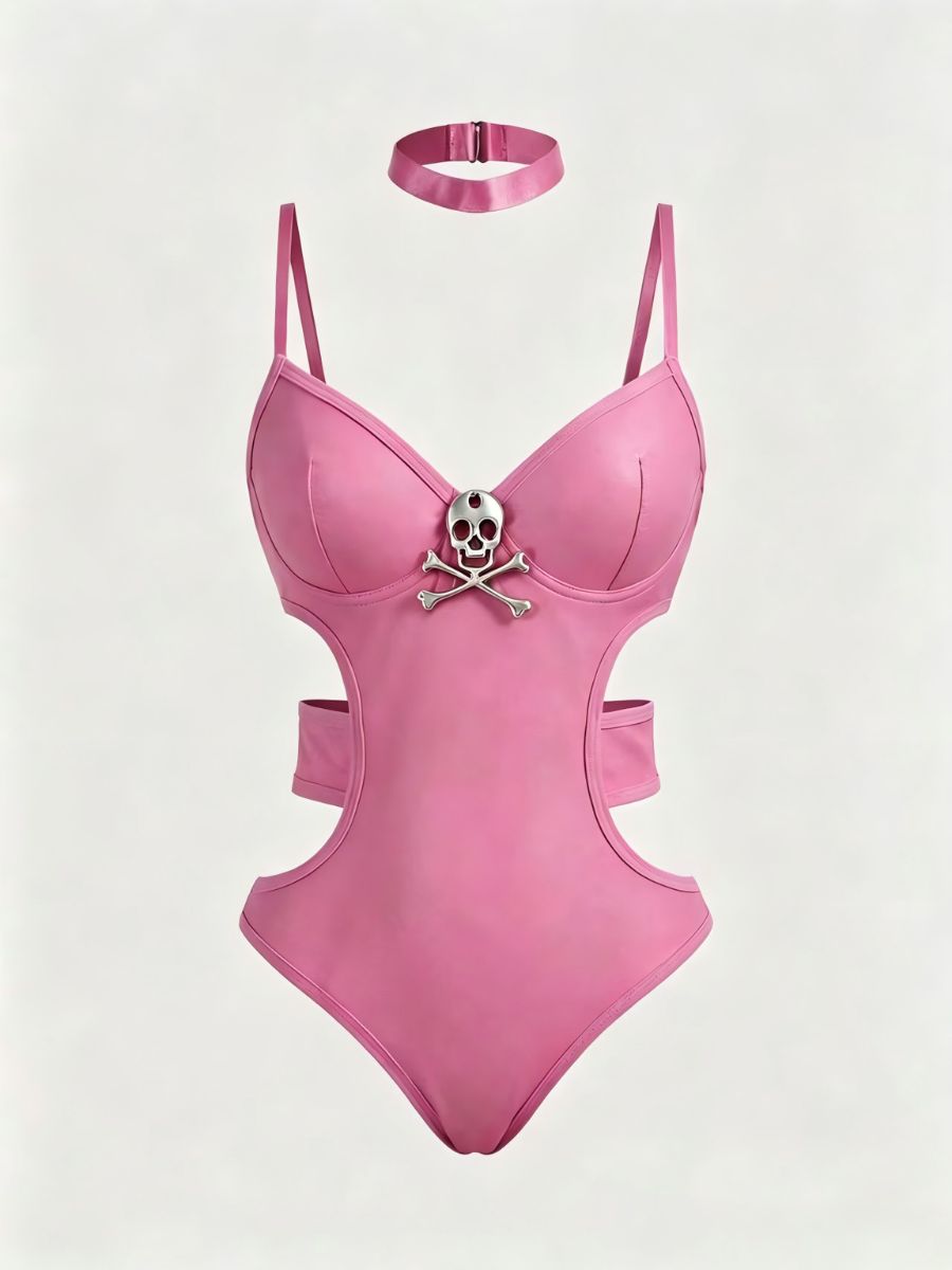 Faux Leather Devil Bodysuit Skull Detail Pink Cut Out Gothic Outfit