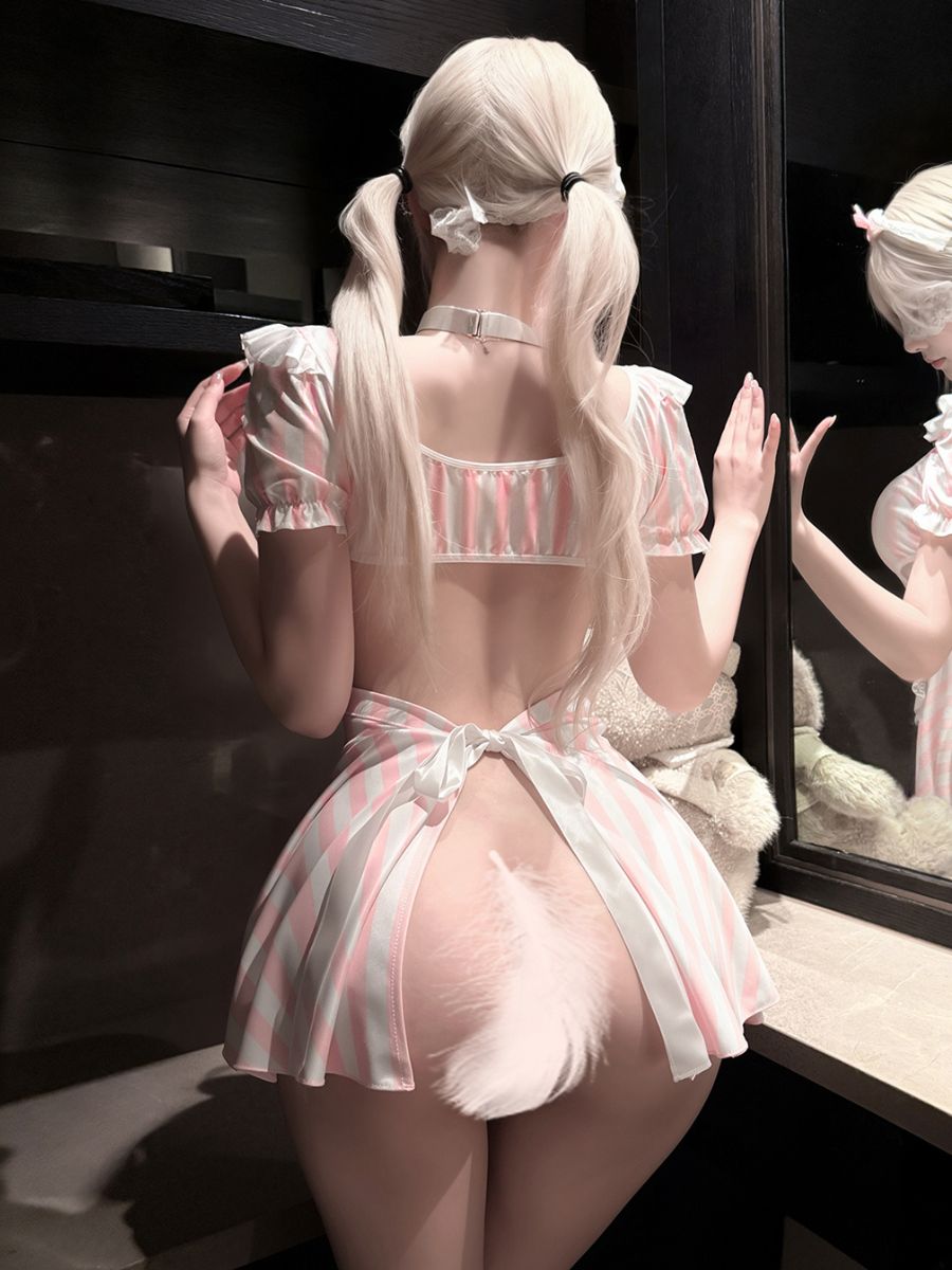 Pink Striped Maid Lingerie Set Sexy Anime Cosplay Apron Babydoll Dress