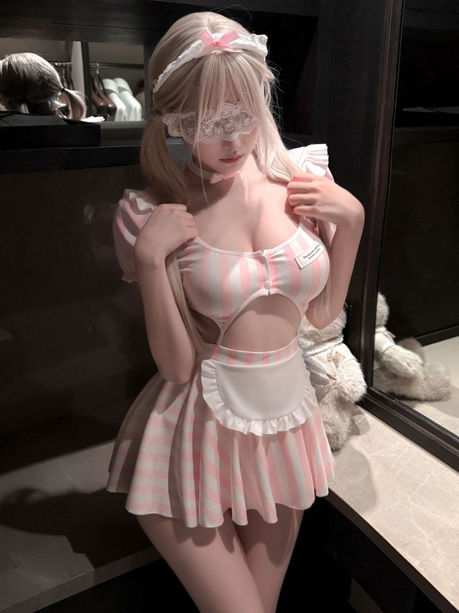 Pink Striped Maid Lingerie Set Sexy Anime Cosplay Apron Babydoll Dress