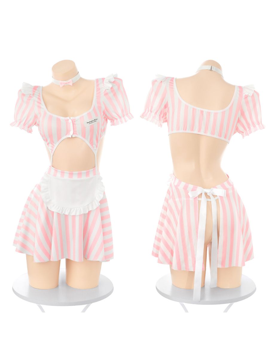 Pink Striped Maid Lingerie Set Sexy Anime Cosplay Apron Babydoll Dress