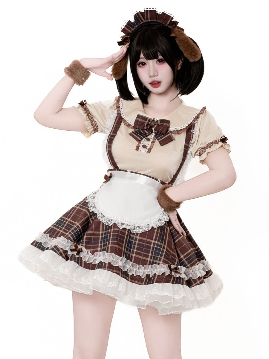 Plaid Puppy Maid Costume Anime Lolita Cosplay Outfit with Dog Ear Headband