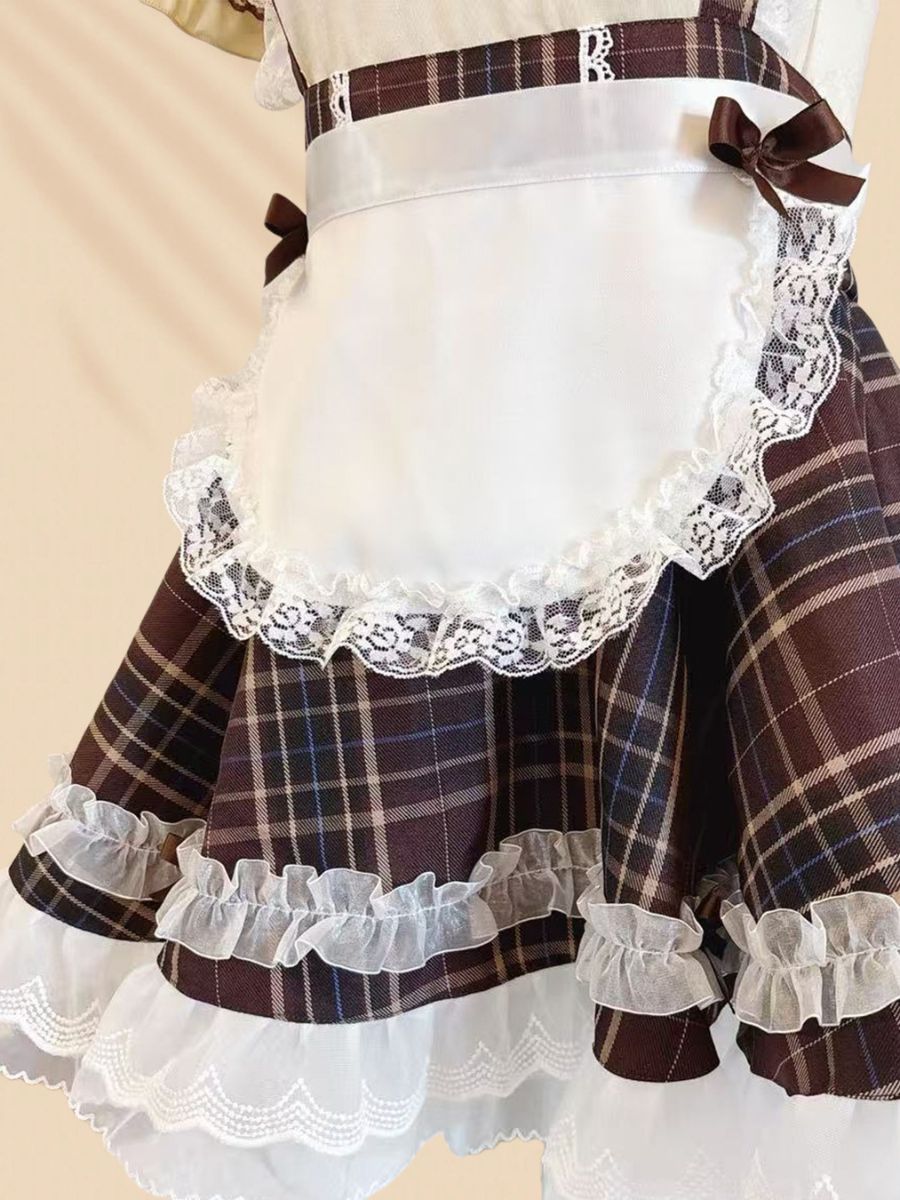 Plaid Puppy Maid Costume Anime Lolita Cosplay Outfit with Dog Ear Headband