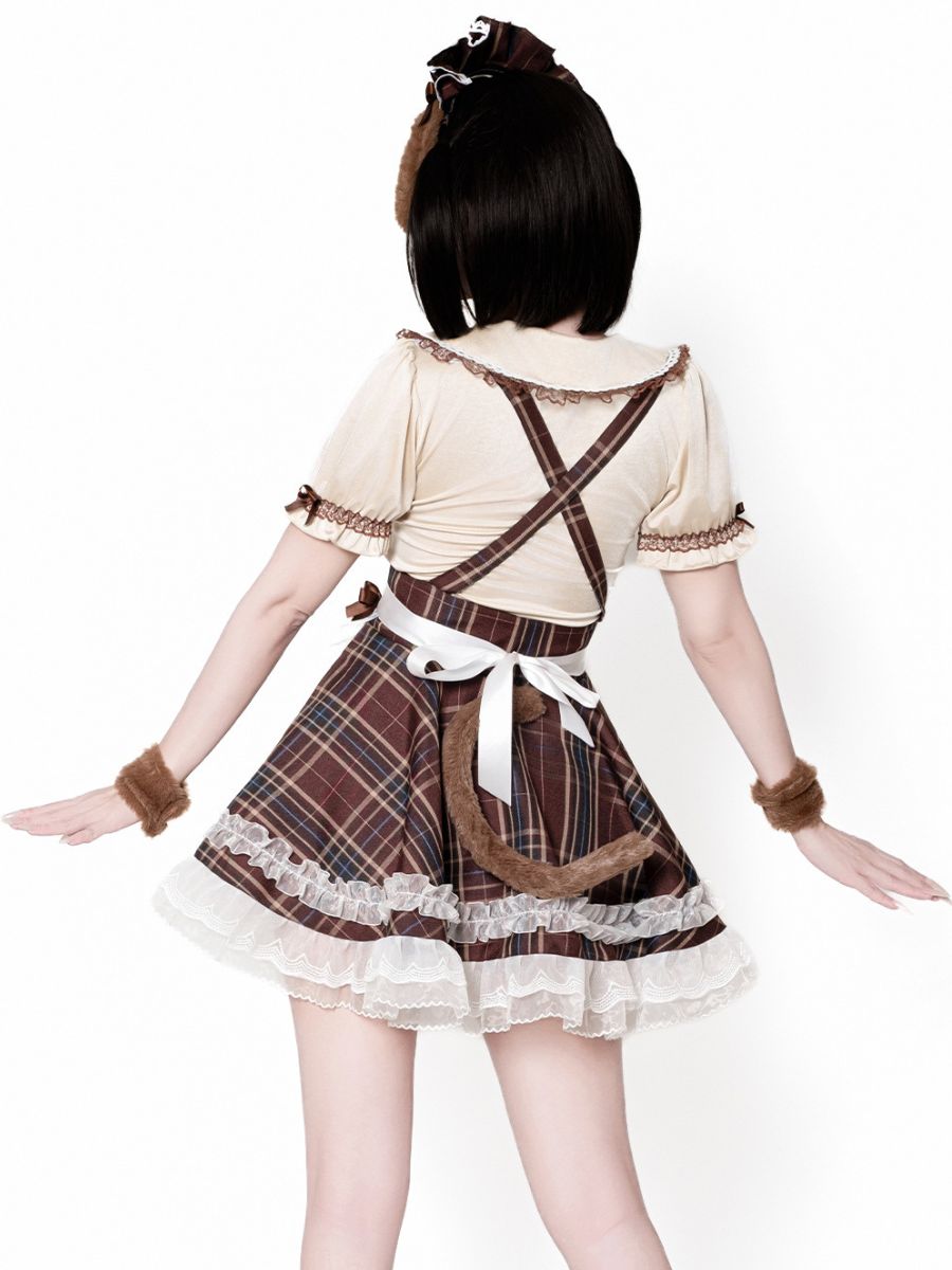 Plaid Puppy Maid Costume Anime Lolita Cosplay Outfit with Dog Ear Headband