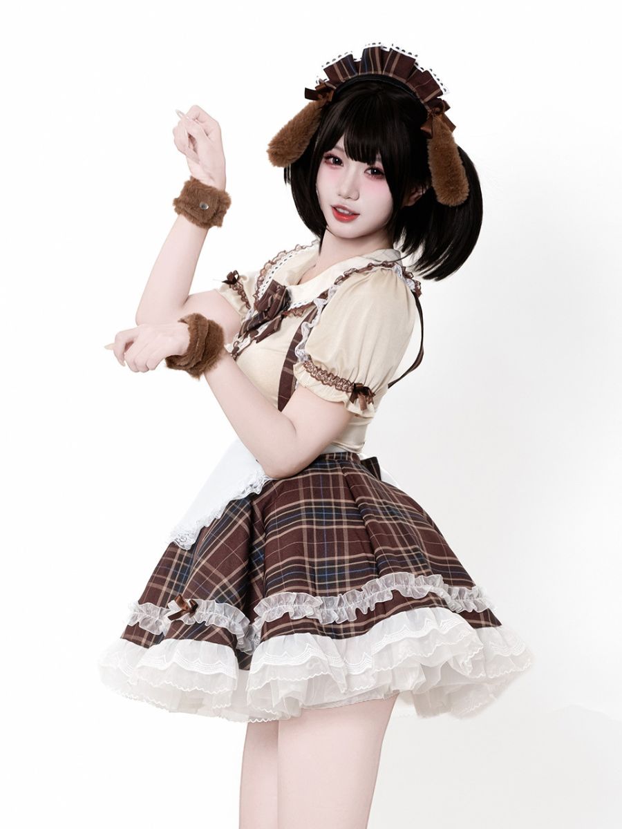 Plaid Puppy Maid Costume Anime Lolita Cosplay Outfit with Dog Ear Headband