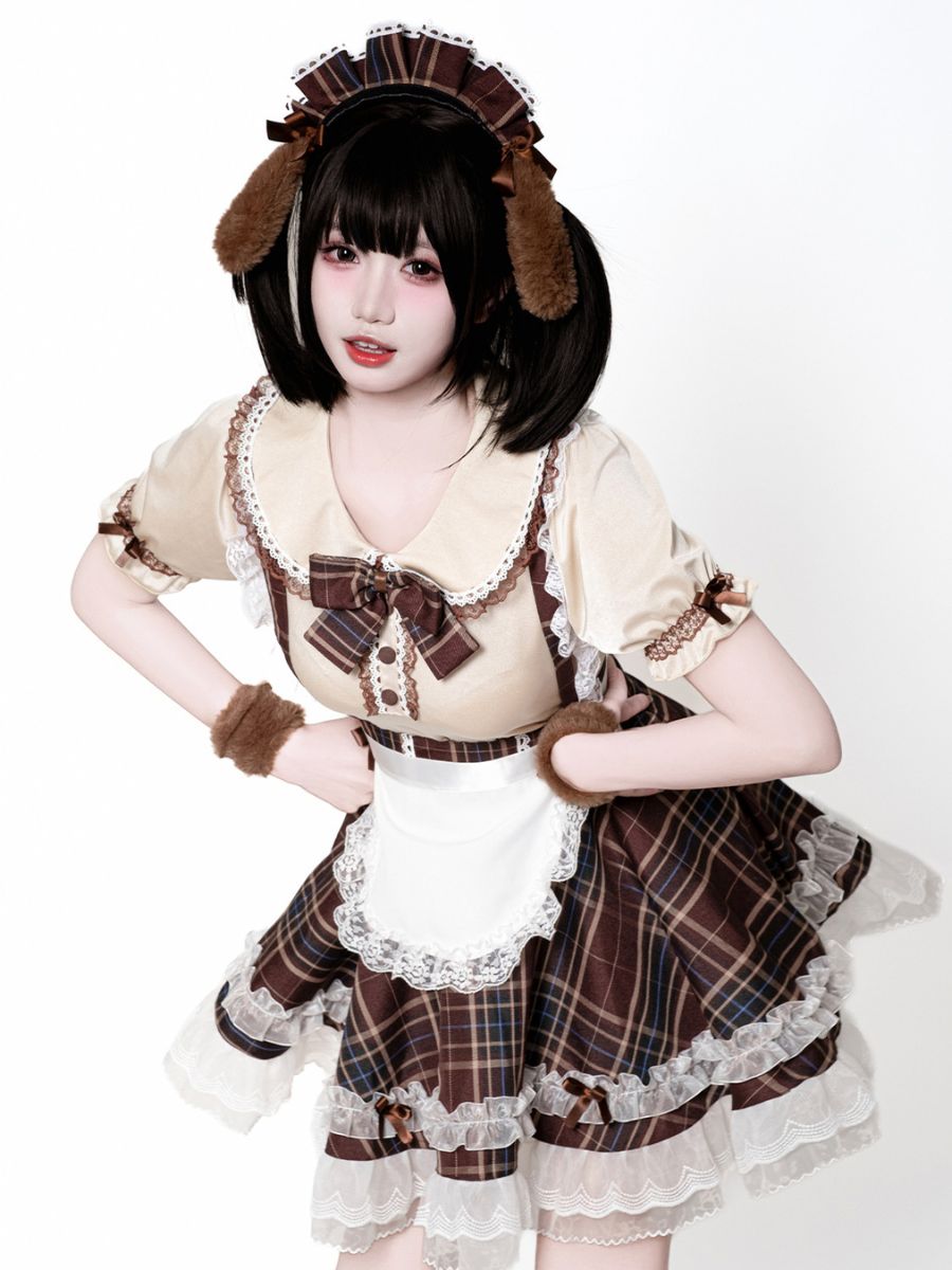 Plaid Puppy Maid Costume Anime Lolita Cosplay Outfit with Dog Ear Headband