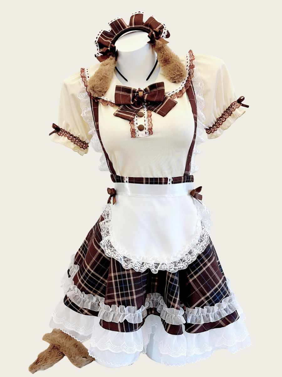 Plaid Puppy Maid Costume Anime Lolita Cosplay Outfit with Dog Ear Headband