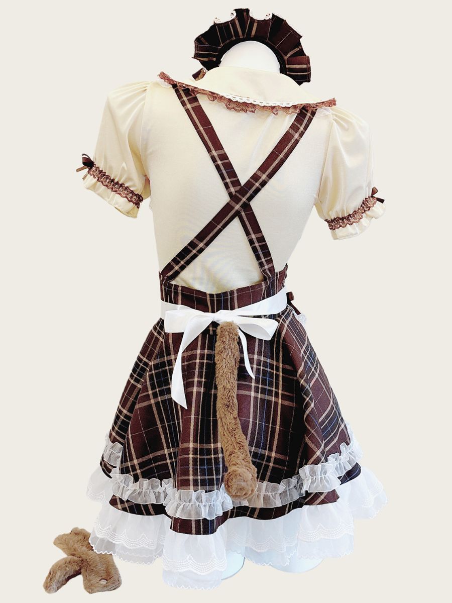 Plaid Puppy Maid Costume Anime Lolita Cosplay Outfit with Dog Ear Headband