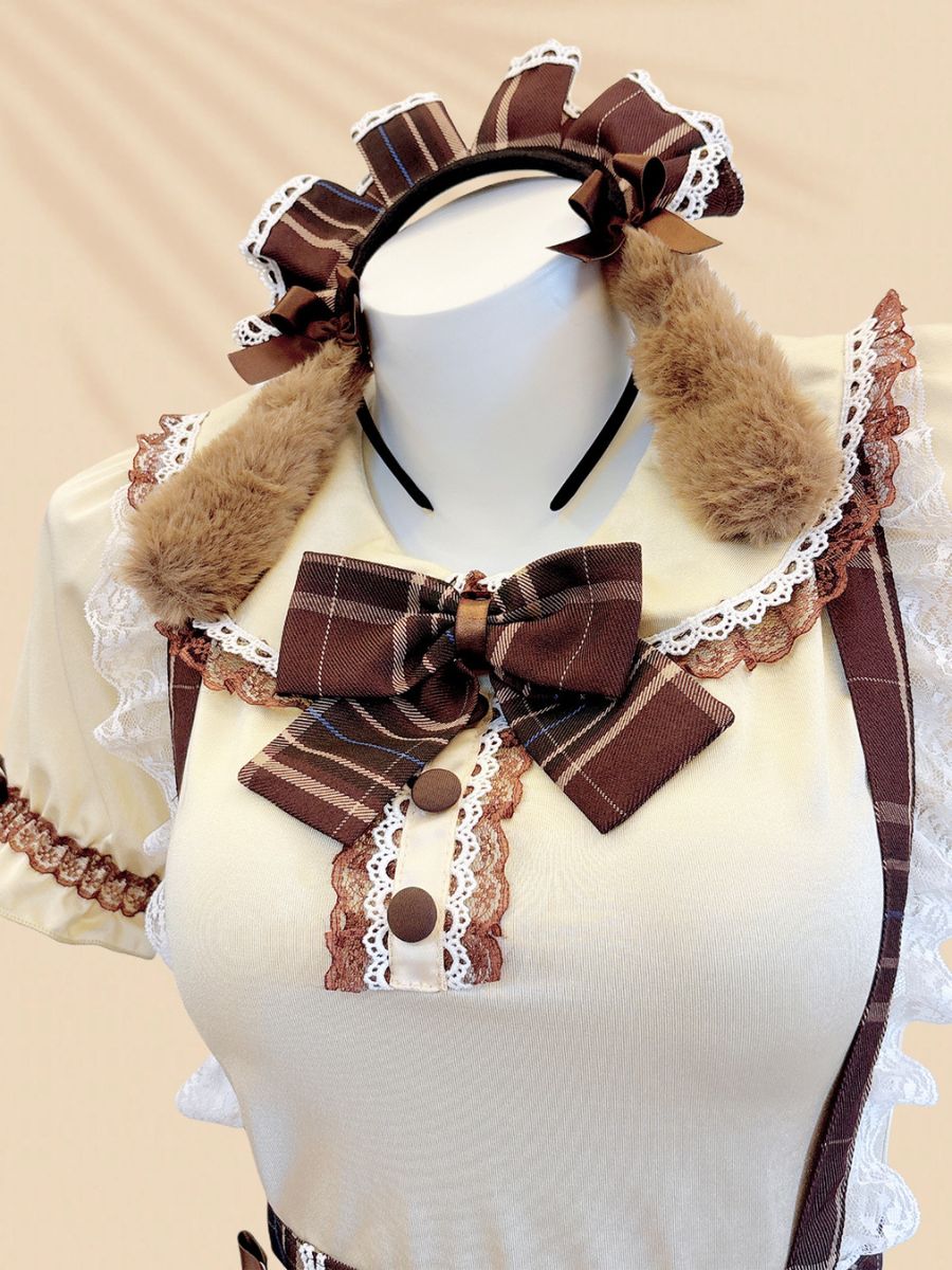 Plaid Puppy Maid Costume Anime Lolita Cosplay Outfit with Dog Ear Headband