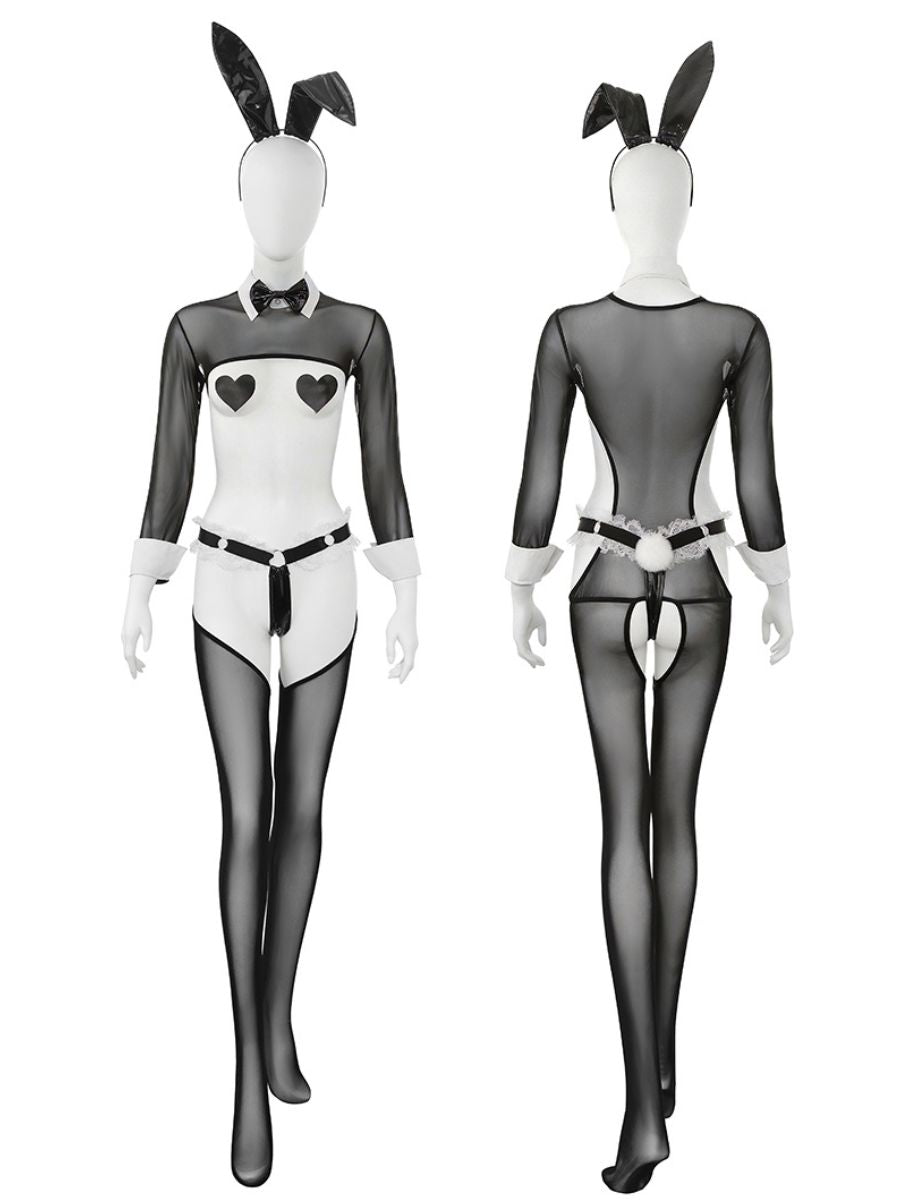 Bunny Girl Lingerie Costume Cupless Mesh Bodystocking Cosplay Set with Rabbit Ears Accessories