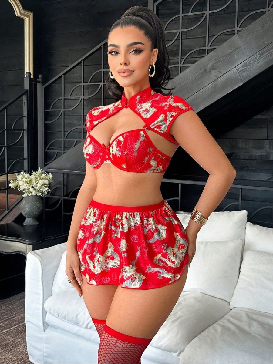 Red Dragon Print Cheongsam Lingerie Set Chinese Style Crop Top and Skirt 