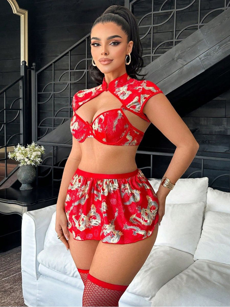 Red Dragon Print Cheongsam Lingerie Set Chinese Style Crop Top and Skirt 