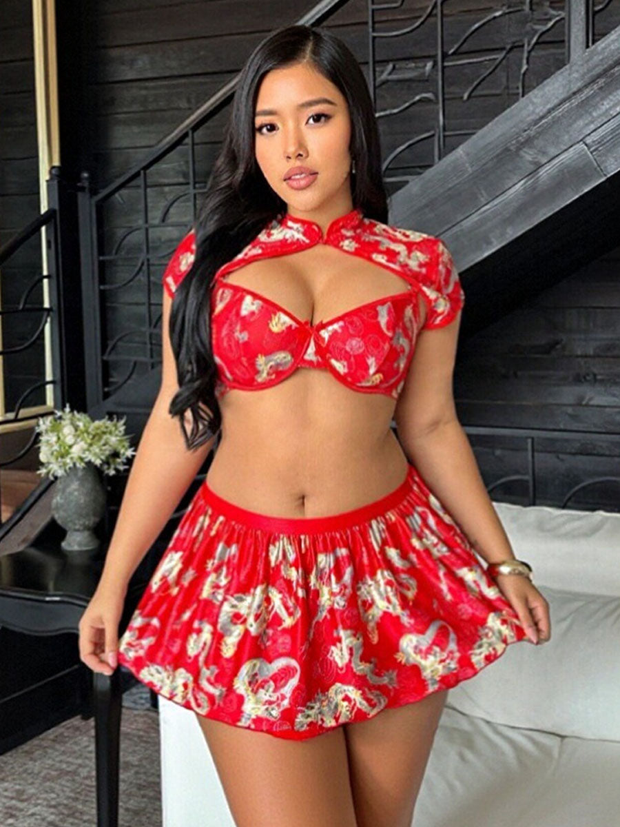Red Dragon Print Cheongsam Lingerie Set Chinese Style Crop Top and Skirt 