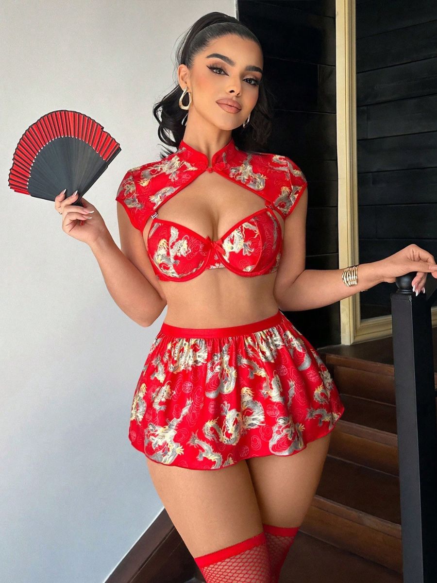 Red Dragon Print Cheongsam Lingerie Set Chinese Style Crop Top and Skirt 