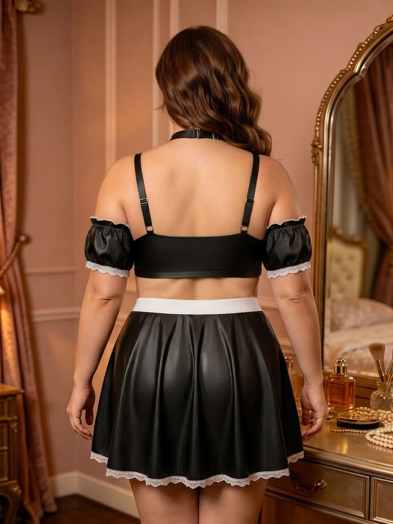 Plus Size Faux Leather Maid Costume Black Bralette Top with Apron Skirt and Accessories